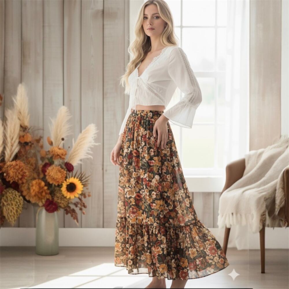 Free People White Cropped Peasant Blouse with Floral Maxi Skirt